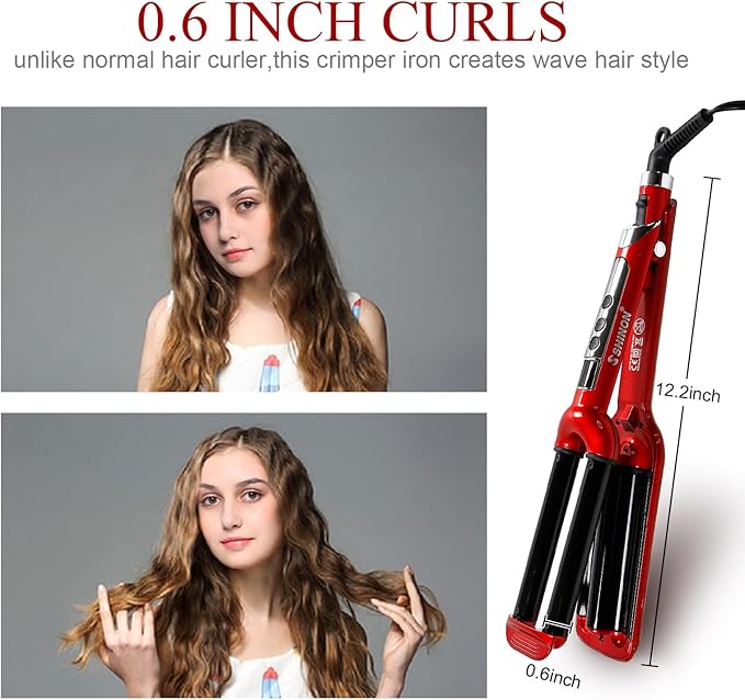 Mannice Ceramic Hair Iron, 3 Barrel Curling Iron 0.6 inch / 16mm Perm Instant Curls, Hair Crimper and Wavers, Red (8 inches), Ideal Gift for Valentine's Day or Mother's Day