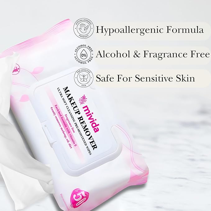 mivida Facial Skin Care Set Hypoallergenic Makeup Remover Wipes With Vitamin E & Super Anti aging Face Serum, Timeless Glow Duo Routine Gifts for Women, Nourishing, Smoothing Fine Lines & Wrinkles