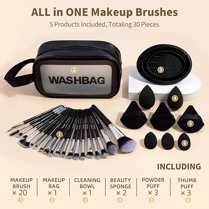 MAANGE Makeup Brush Set 30 Pcs Premium Synthetic Makeup Brushes Foundation Eye Shadow Powder Concealers Highlight Blending Brush Professional Make Up Brush Kit, Black