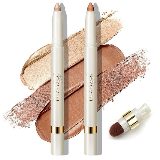 Eyeshadow Makeup Stick, Cream Shimmer, Eyeshadow Highlighter Makeup Eye Brightener Pencil Sticks Cosmetics, with Built-in Brush and Sharpener