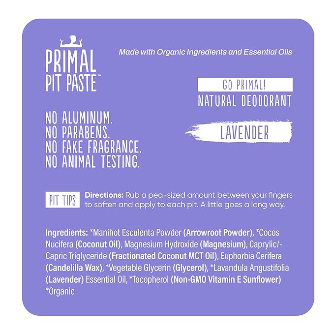 Primal Pit Paste Natural Aluminum-Free Deodorant, Baking Soda-Free, Lavender (1-Pack) | Sensitive Skin Friendly, Effective All-Day Odor Control for Women & Men, Organic Ingredients and Essential Oils