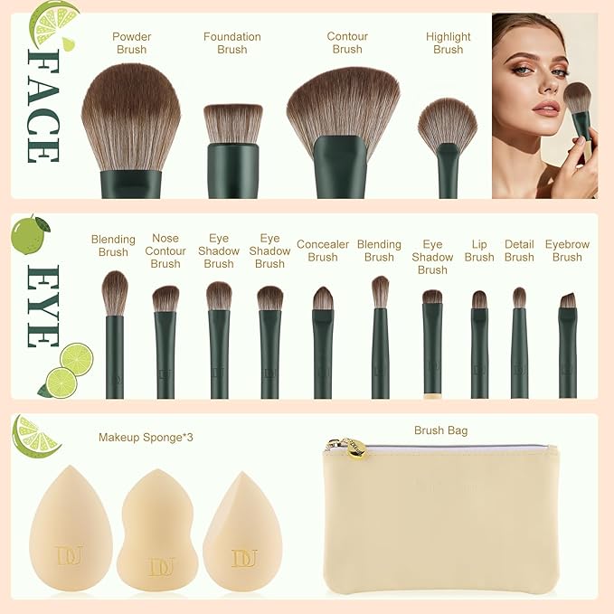 DUcare Christmas Makeup Gift Set 18PCS,with 14pcs Makeup Brush Set 3Pcs Makeup Sponges 1PC Cosmetic Bag for Foundation Blending Powder Blush Concealers Eye Shadows