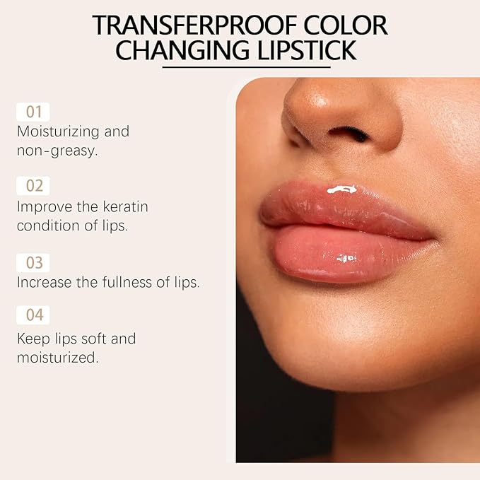 2Pcs Transferproof Color Changing Lipstick,Clear Lipstick That Changes Color,Long Lasting 24 Hours Moisturizing Glossy Shine Lip Gloss for Women