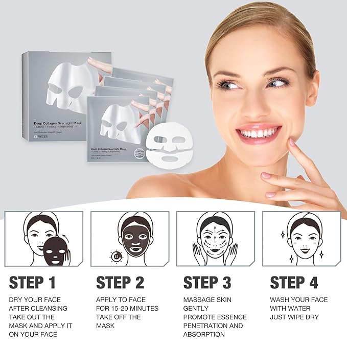 Deep Collagen Overnight Mask – Firming & Hydrating Sheet Mask with Peptides – Low Molecular Collagen for Smoother, Plumper Skin – 4 Pack (4 PACK)