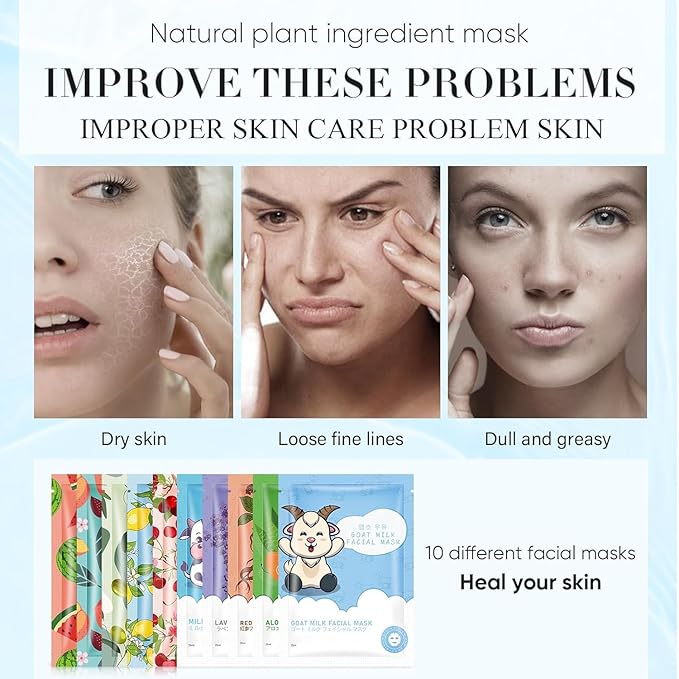 30 Sheets Face Masks Skincare for All Skin Types, Hydrating Facial Masks with Natural Ingredients, Moisturing Face Masks for Sensitive Skin, Oil Contral Facial Mask for Women