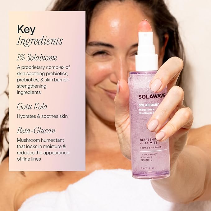 Solawave Refreshing Jelly Mist Toner with Gotu Kola, Prebiotics, Probiotics, Hydrating Pro Vitamin B5 for All Skin Types (3.4 OZ)