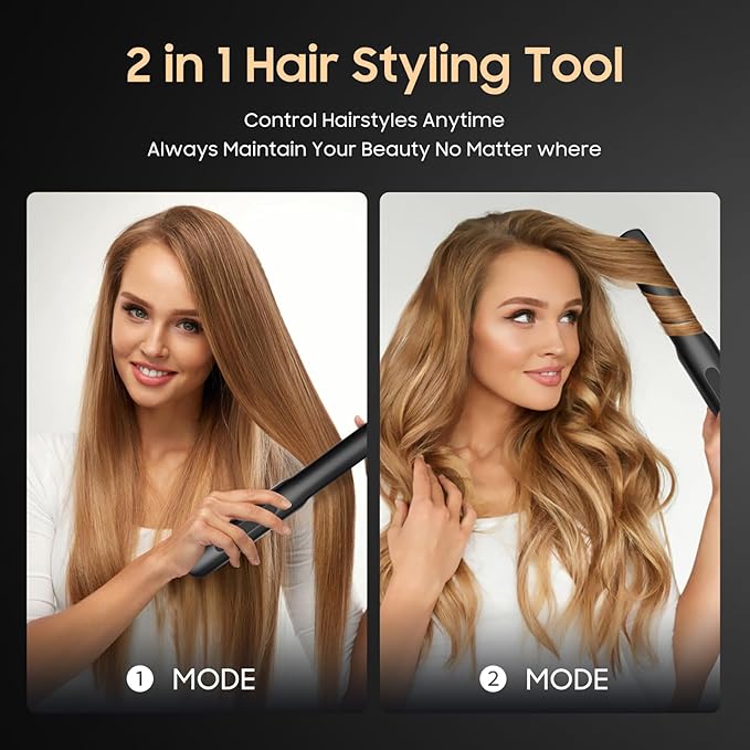 Cordless Hair Straightener and Curler, 2 in 1 Portable Mini Flat Iron & Curling Iron, Fast Heating & Titanium Plate Straightener with 4 Adjustable Temp,Travel Size Preferred Gifts (Black)