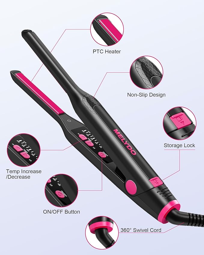 Small Flat Irons for Short Hair, 3/10" Pencil Flat Iron with Adjustable Temp Mini Hair Straightener for Edges Pixie Cut and Bangs, Tiny Hair Straightener with Floating Plates, Auto Shut Off