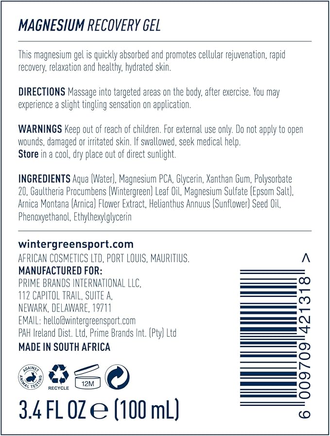 Wintergreen Magnesium Body Gel, 3.4oz – with Pure Magnesium and Arnica Oils, Non-Greasy Gel for Soothing Massage and Relaxation
