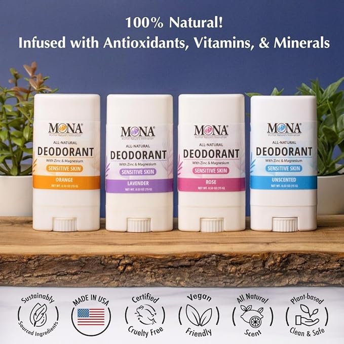 MONA All Natural MINI DEORORANT For Women & Men | Vegan & Safe for Sensitive Skin | Aluminum & Baking Soda free Deodorant with All Natural Fragrance | (Travel 4-Pack VAR-1 (0.53 Oz each))