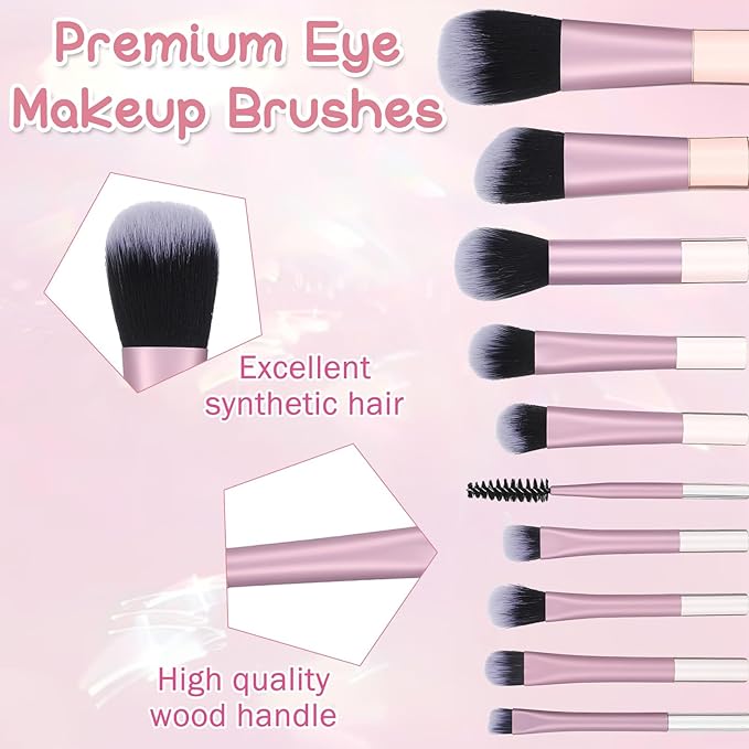 10Pcs Pink Travel Makeup Brush Set with Cosmetic Bag, Mini Makeup Brushes Professional Kit, Portable Make Up Brushes for Foundation, Eyeshadow, Blush and On the Go Application