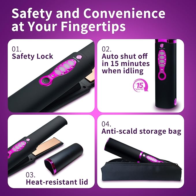 Small Titanium Flat Iron for Short Hair, Mini Cordless Hair Straightener and Curler for Travel, Dual Voltage, Portable, USB-C Rechargeable, Fast Heating, 5000mAh Battery, 3 Temp Settings(Decent Black)