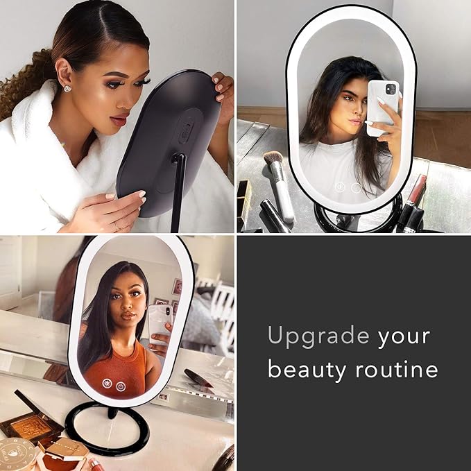 Fancii Vera LED Lighted Vanity Makeup Mirror, Rechargeable - Cordless Illuminated Cosmetic Mirror with 3 Dimmable Light Settings, Dual Magnification (Obsidian)