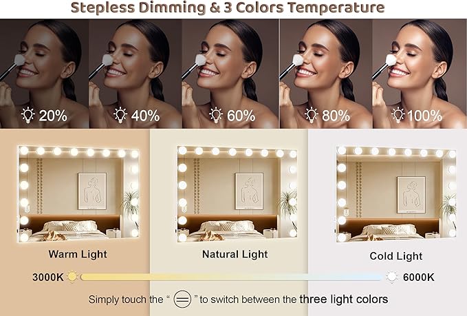 Hollywood Vanity Mirror with Lights, 31.4" x 23.6" Makeup Mirror with 18 LED Dimmable Bulbs, 3 Color Modes, 10X Magnification, USB Charging Port Touch Control