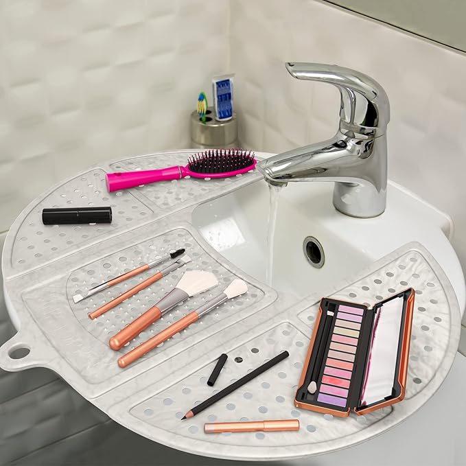 Sink Topper Bathroom Sink Cover for Counter Space & Storage Saver | RV Must Haves | Silicone Foldable Beauty Makeup Brush Cleaning Mat | Hot Tools Organizer | RV Sink Cover | Standard, Pearl
