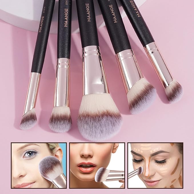 MAANGE Makeup Brush Set 5-Piece Professional Synthetic Makeup Brushes for Foundation, Blush, Power Concealer & Contour Application Travel Make Up Brush with Box (Black)