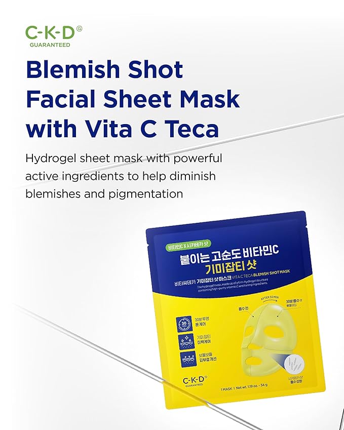CKD Vita C Teca Blemish Shot Face Gel Mask with Vitamin C & Centella Asiatica (5ea) - Korean Hydrogel Mask for Glass Glow Skin, Dark Spot and Blemish Korean Skincare Routine