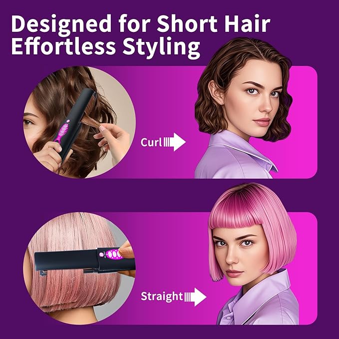 Small Titanium Flat Iron for Short Hair, Mini Cordless Hair Straightener and Curler for Travel, Dual Voltage, Portable, USB-C Rechargeable, Fast Heating, 5000mAh Battery, 3 Temp Settings(Decent Black)