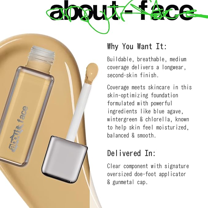 about-face THE PERFORMER Skin-Focused Foundation LM2Olive – Medium Coverage, Long-Wear, Breathable & Buildable Base – Clean, Vegan, Hydrating Formula with Blue Agave & Chlorella – 1.08oz