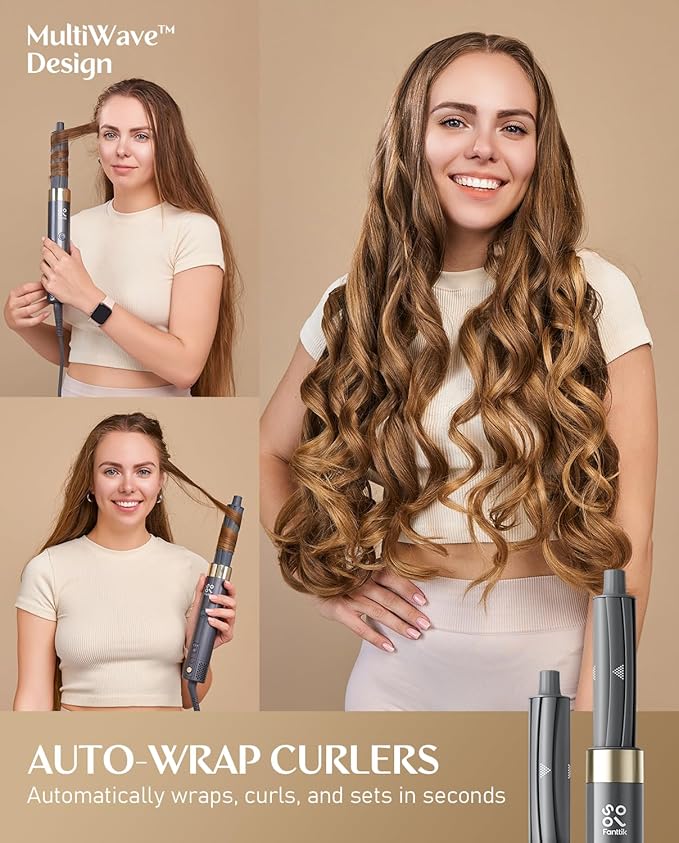 FanttikSolo 6 in 1 AirWave Air Auto Wrap Styler, Ionic Hair Dryer Brush for Curling, Straightening, Volumizing and Drying, Hair Multi-Stylers with Storage Bag, Curlers, Smooth Brush, Concentrator