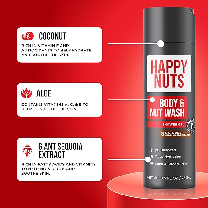 HAPPY NUTS Big Wood Body and Nut Wash - Moisturizing Men's Shower Gel, Natural Bodywash with Deep Cleanse for Sensitive Skin - Men's Body Soap (8.5 Fl Oz (Pack of 1), Big Wood)