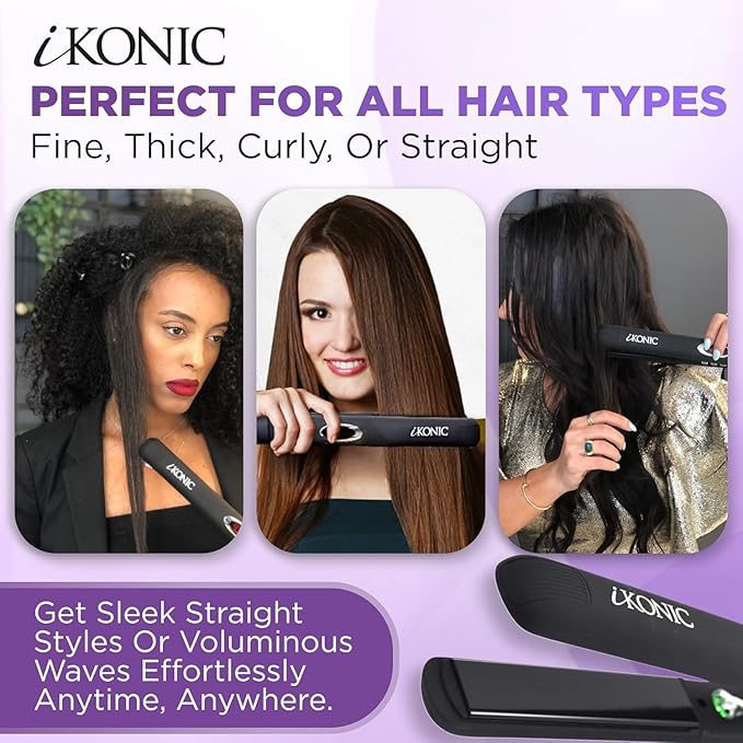 IKonic 100% Tourmaline Ceramic Hair Straightener & Curler, Anti-Static Infrared Ionic 2-in-1 Dual Voltage Flat Iron, 1” Floating Plates, Temp 140–450°F, Frizz-Free & Fast Heat Hair Iron (Pack of 2)
