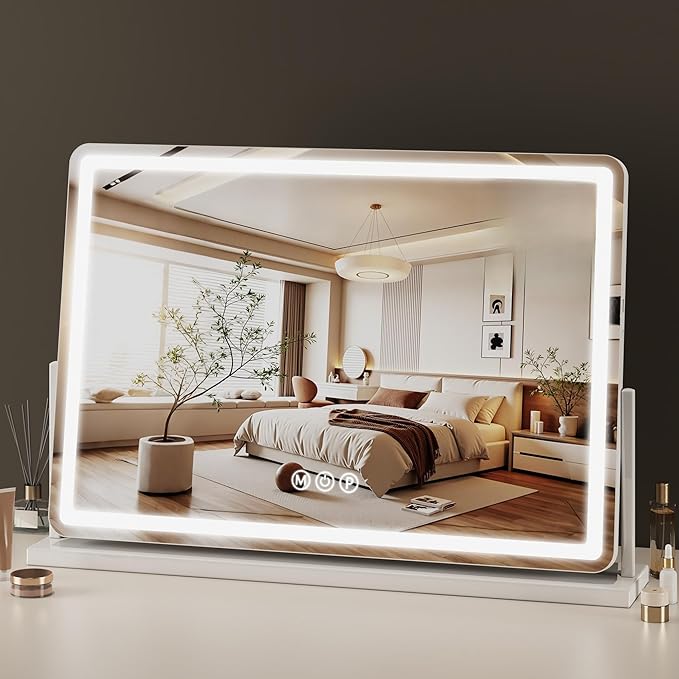 Vanity Mirror with Lights, 32"x22" Hollywood Lighted Makeup Mirror for Tabletop & Bedroom 3 Color Lighting Modes Smart Touch Control 360° Rotation Detachable
