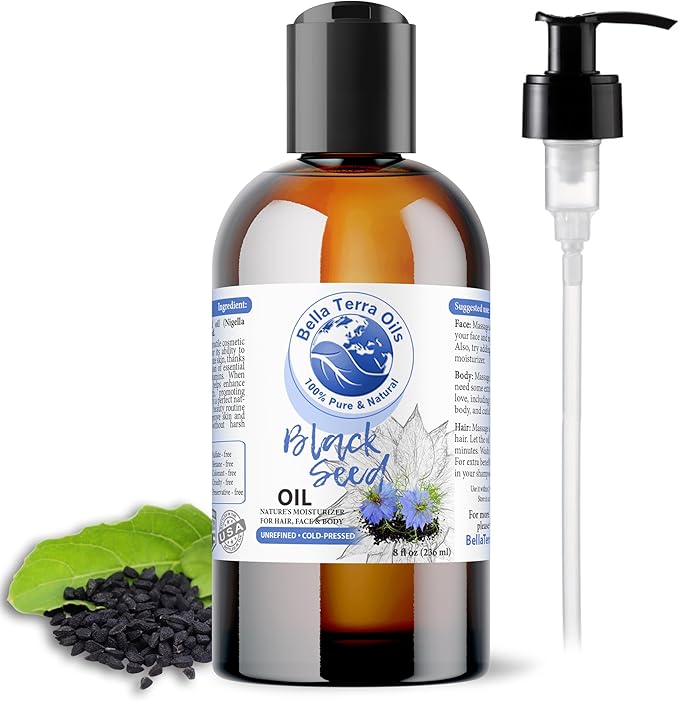 Bella Terra Oils - Black Seed Oil 8 oz - Cold-Pressed & Pure, A Beacon of Essential Minerals & Phytosterols, For the Lovers of Natural Beauty