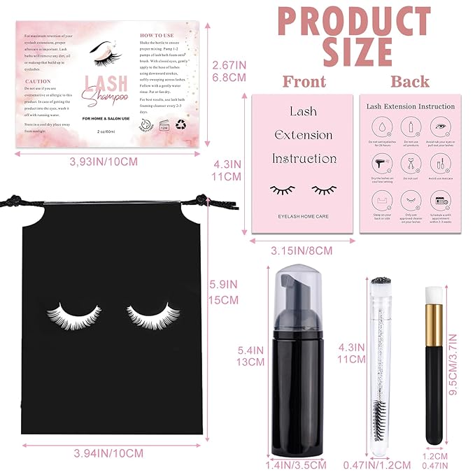 60PCS Lash Shampoo Bottles and Brushes Set, 10pcs Foam Pump Dispenser, 10pcs Nose Pore Deep Cleaning Brush, 10pcs Eyelash Extension Tube Brush, 10pcs Extension Aftercare Instructions Cards, 10pcs Lash