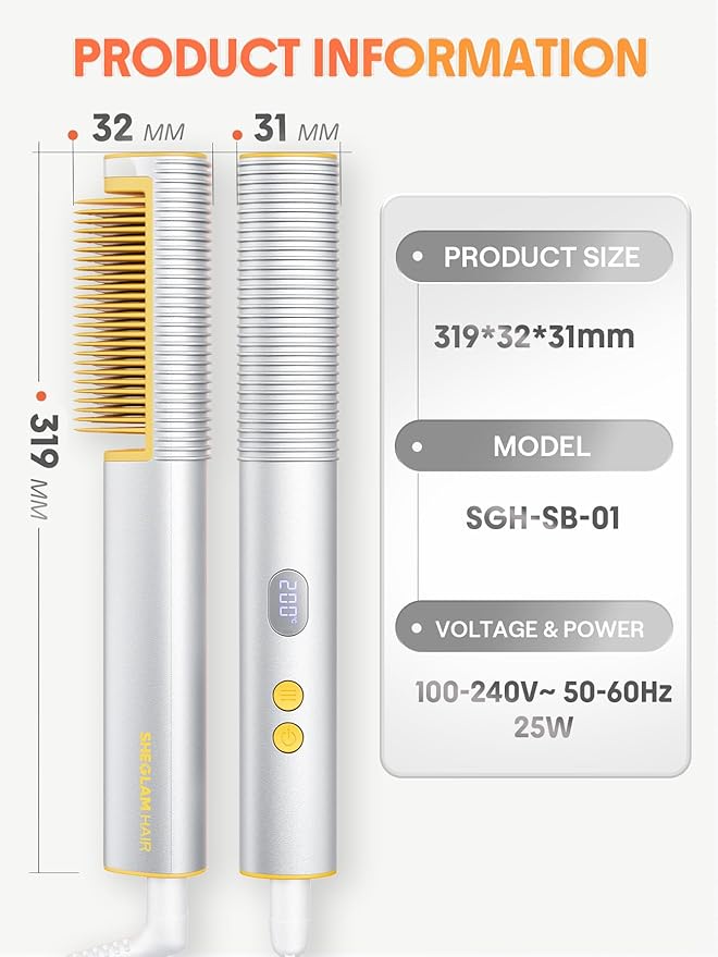 SHEGLAM Straightener Brush 3D Ionic Hair Straightening Brush with 24K Gold Heated Comb, Anti-Scald Design, 60s Fast Heat-Up, Auto-Off, Frizz Control, Sleek & Smooth Styling