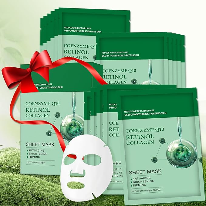 Collagen Face Sheet Mask Anti Aging Skin Care Mask Sheets Collagen Sheets Pack With Coenzyme Q10 Retinol Sheet Facial Masks Bulk, Face Masks Beauty for Women Fine Lines Wrinkle Moisturizing 10 Pack