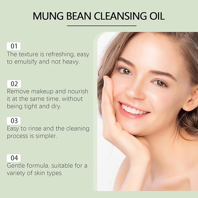 Mung Bean Cleansing Oil, Double Cleansing Makeup Oil,Blackhead Remover, Deep Pore Cleanser, Non-Comedogenic, 3.38fl.oz/100ml