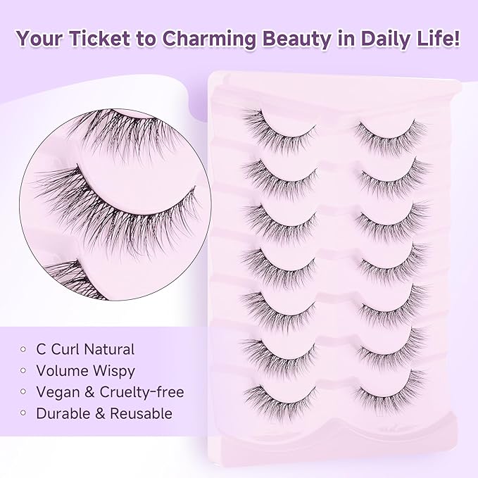 Natural Cat Eye Lashes False Eyelashes Natural 12mm Wispy Eyelashes with Thin Band 3D Volume False Lashes Soft Eye Lashes Pack C Curl Natural Eyelashes Fake Lashes 7 Pair EVENTILL