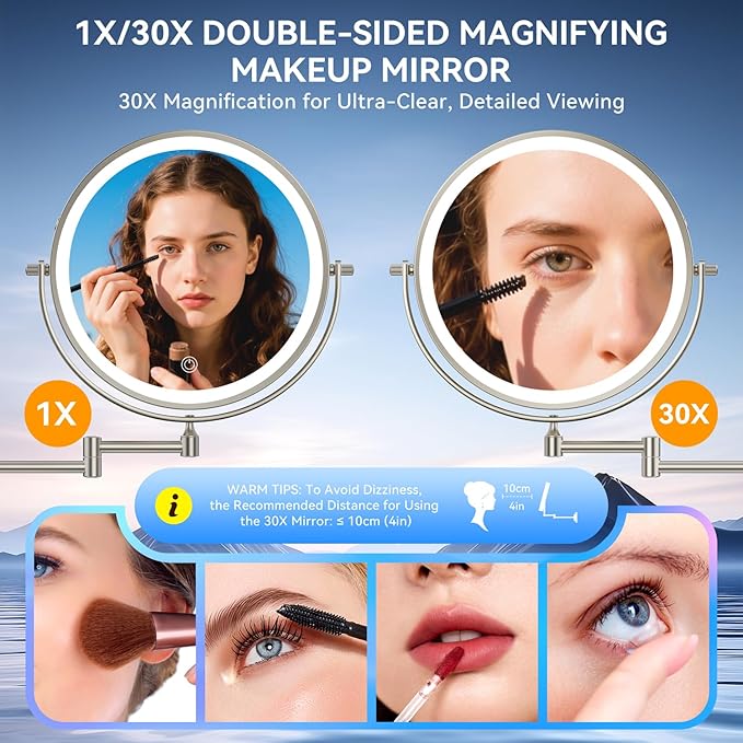 9'' 30X/1X Wall Mounted Lighted Makeup Mirror, 5000mAh Rechargeable Double-Sided Magnifying Mirror with Light, Vanity Mirror Touch Dimmable 3 Colors 360° Rotation Extended Foldable Arm, Power Adapter