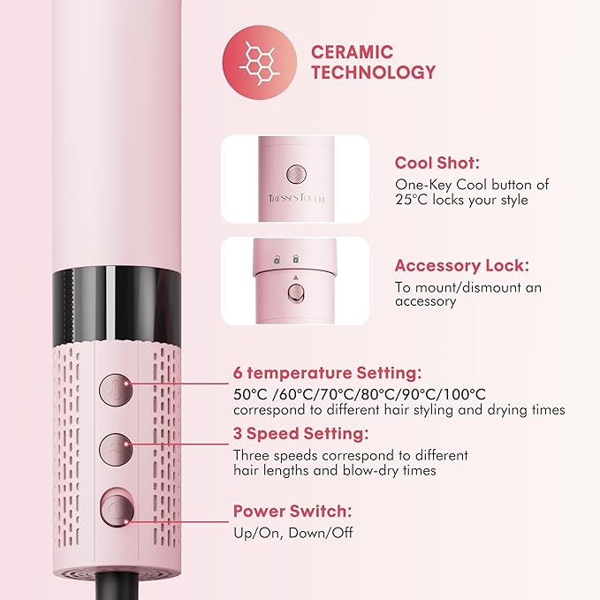 6 in 1 Blow Dryer Brush Set, Powerful Hair Dryer Brush with Auto-Winding Curl L/R, Fast Drying, Smooth Blowouts, Root-Lift Volume, No Heat Damage Frizz-Free Thermal Brush, Hot Air Styler for Travel