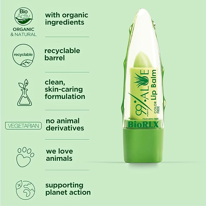 BioRLX 99% Purity Aloe Vera Color-Free Lip Balm - Natural Moisturizing Unisex Lip Care for Hydrated and Radiant Lips (Aloe - Color Free, 0.12 Ounce (Pack of 1))