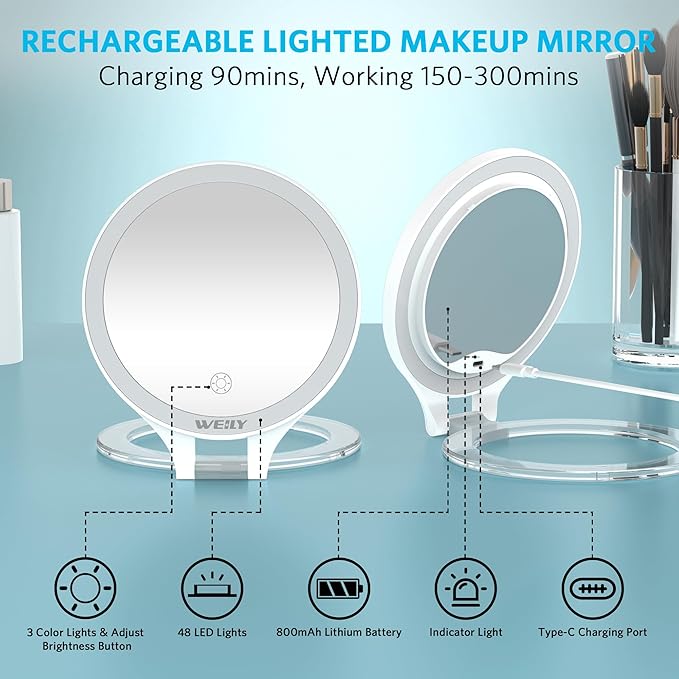WEILY Magnifying Mirror with Light, 10X/1X Magnification Double-Sided Travel Makeup Mirror, with 3 Color Lights, Touch Control, Rechargeable Portable Mirrors for Bedroom, Bathroom (White)