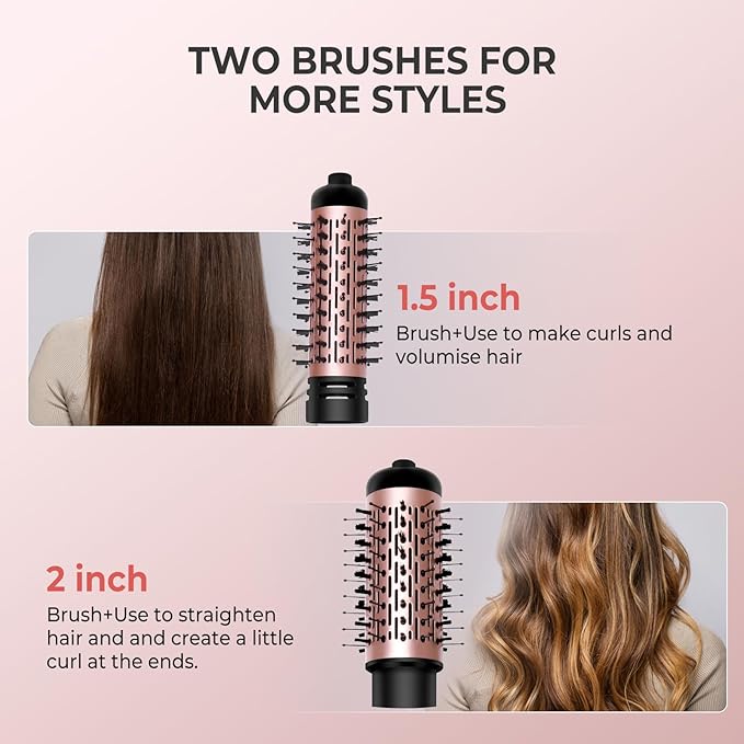 3 in 1 Rotating Hair Dryer Brush, Auto Rotating Blow Dryer Brush Spinning with 2 Brushes (2" & 1.5"), Negative Ionic Brush Blow Dryer, Round Brush Blow Dryer Volumize Curling 100-120V (Black)