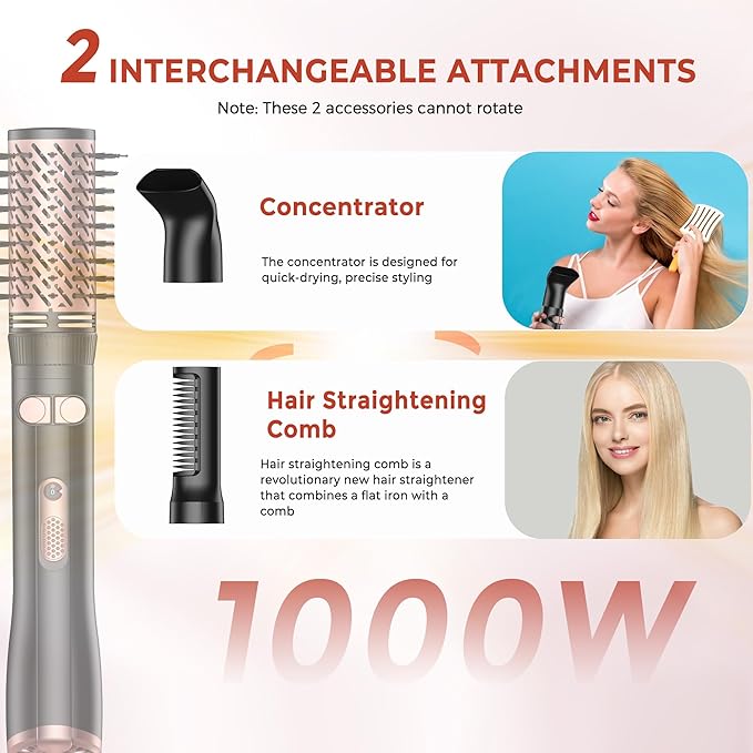 Rotating Hair Dryer Brush, 4 in 1 Round Hot Air Spin Brush Set, Volumizer Blow Dryer Brush with 2 Brushes (2" & 1.5"), Straightener and Concentrator (Rose-Gold)