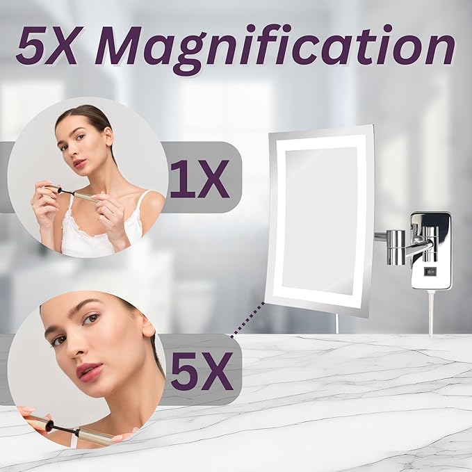 JERDON Rectangular Wall Mount Makeup Mirror - Lighted Makeup Mirror with 5X Magnification - Chrome Finish - Model JRT710CL