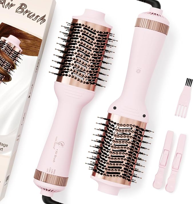 Big Size Dual Voltage Hot Air Brush Dryer, 4 in 1 Ionic Blowout Hair Dryer Brush & Styler Volumizer with 75MM Oval Titanium Barrel for Long & Thick Hair