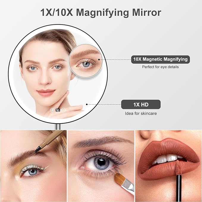10.5" Professional Makeup Mirror with Lights, Rechargeable HD Vanity Mirror, CRI≥98 True-Sunlight, 3 Color Modes & Stepless Dimming, 5000mAh Battery, Ideal Gift for Women