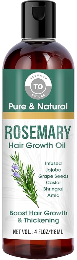 Rosemary Hair Growth Oil - 4 floz/118ml - For Hair Fall Control and Nourishment - Made With Castor, Jojoba, Grape Seed, Almond, Amla and Bhringraj Oils