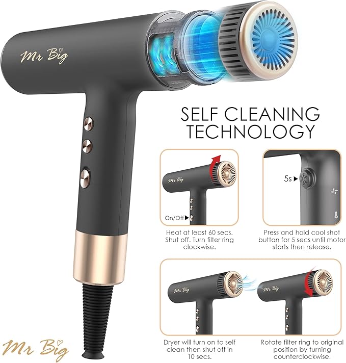 Mr Big Hair Dryer Italian Style Professional Ionic Anti Frizz with Intelligent Temperature Sensor, Lightweight at 12oz, Self-Cleaning Brushless Motor, T-Shaped, Insanely Powerful Air Flow 120,000 RPMs