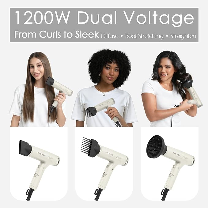 TOME 1200W Hair Dryer Travel Dual Voltage 120V/240V Foldable Blow Dryer with Diffuser Comb Nozzle Storage Bag Universal Power Adapter (White)