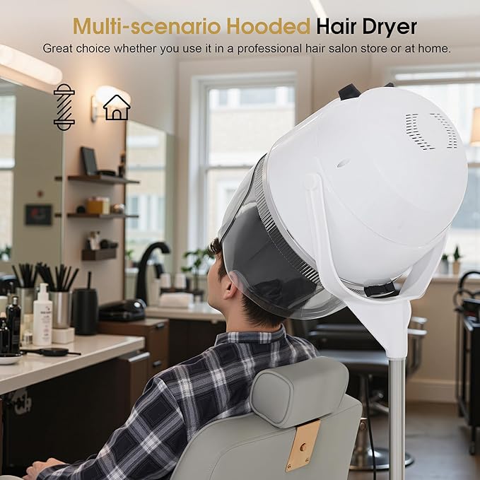 BarberPub 1300W Hooded Hair Bonnet Dryer with Stand, Height Adjustable Floor Standing Rolling Base, Beauty Salon Equipment with 360° Rotation VHD08 (White)