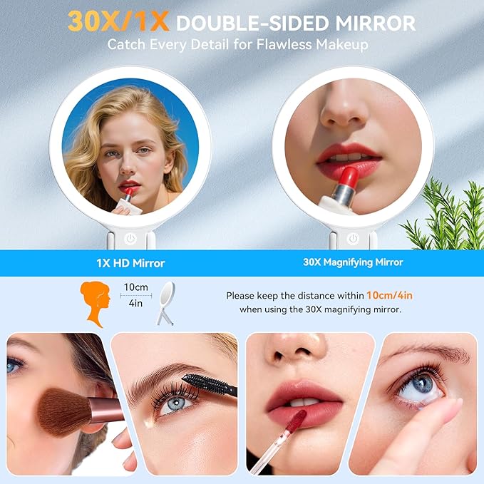 Auxmir Travel Makeup Mirror with Lights, 30X/1X Double-Sided Magnifying Mirror, Rechargeable Lighted Hand Mirror with 3 Color Lighting & Adjustable Brightness Tabletop Hanging Portable Handheld