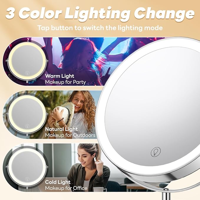 20X/1X Lighted Vanity Makeup Mirror, 3000mAh Rechargeable Height Adjustable Double Sided Magnifying Mirror, 3 Color Light, Brightness Adjustable, 360° Rotation, Women Gift