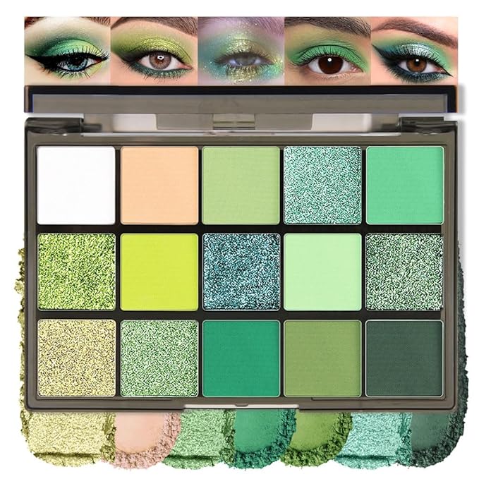15 Colors Green Matte & Shimmer Eyeshadow Palette - Olive Teal GreenYellow DarkSeaGreen LimeGreen Pink White Eye Shadow Primers Powder for Smoky Looks, Makeup Artist Friendly, Vegan & Cruelty-Free