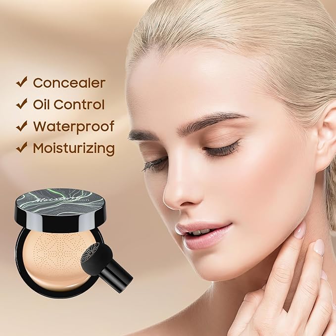 Air Cushion CC Cream Foundation - Mushroom Head BB Cream Face Makeup Moisturizing Concealer Brighten Long-Lasting, Even Skin Tone for All Skin Types (Ivory, 1 PCS)